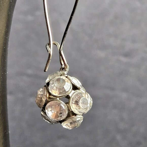 Vintage Rhinestone Ball Drop Earrings Silver Tone Long Wire Dangle 2" - Picture 3 of 6